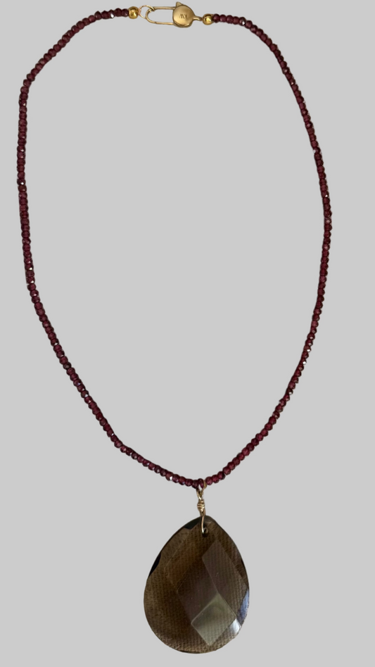 Garnet Beaded Necklace with Smoky Quartz Pendant Necklace