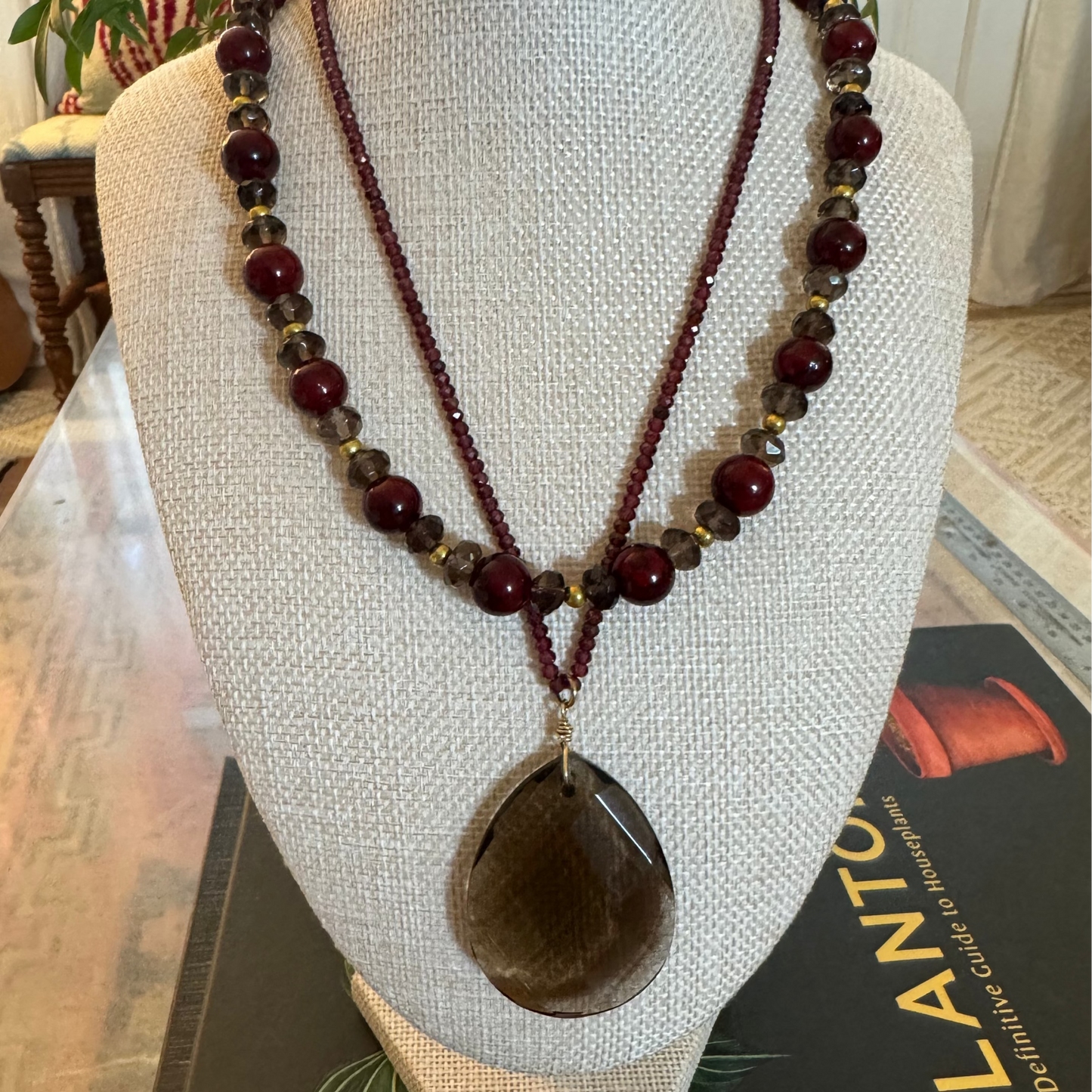 Garnet Beaded Necklace with Smoky Quartz Pendant Necklace